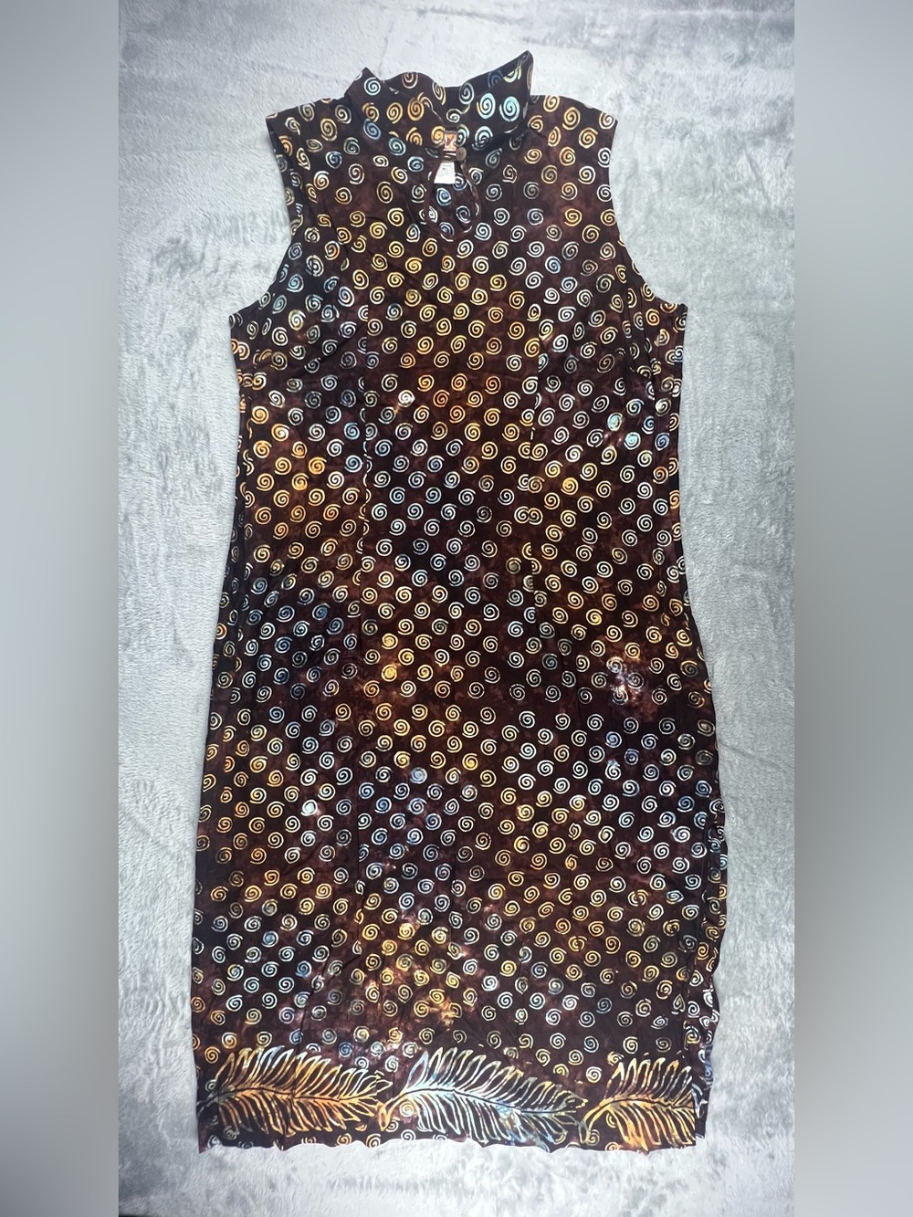 April Cornell Dress & Pants Set L Mandarin Keyhole Brown Blue Spiral Tide Dye